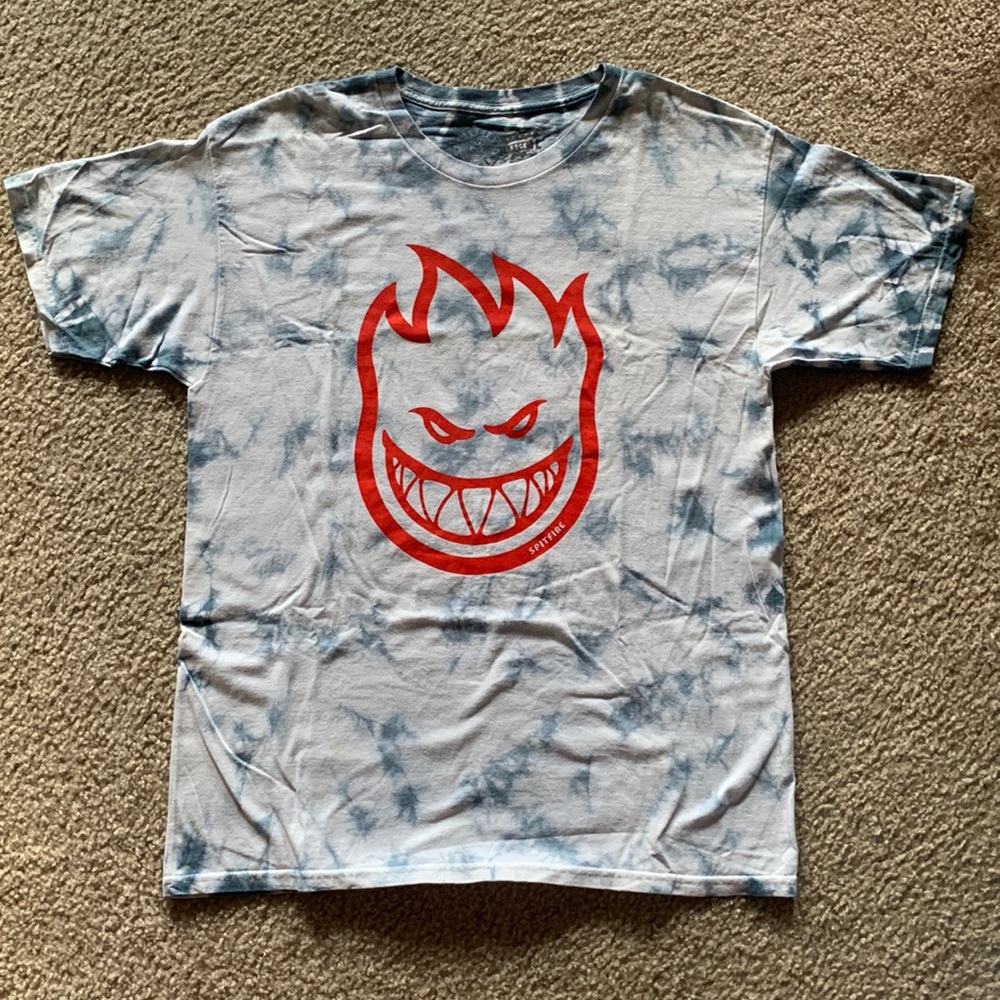 Spitfire White and Blue Tie-dye Tee with Printed Red Logo